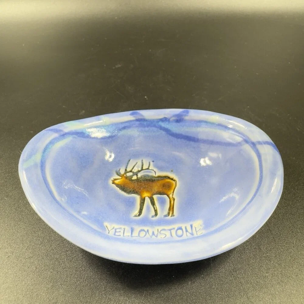 Vintage Yellowstone Pottery Ceramic Oval Trinket Holder Dish Small Plate Blue